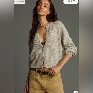 Anthropologie Pointelle Grey Cardigan Sweater Wool Blend Size L / Elevated Basic